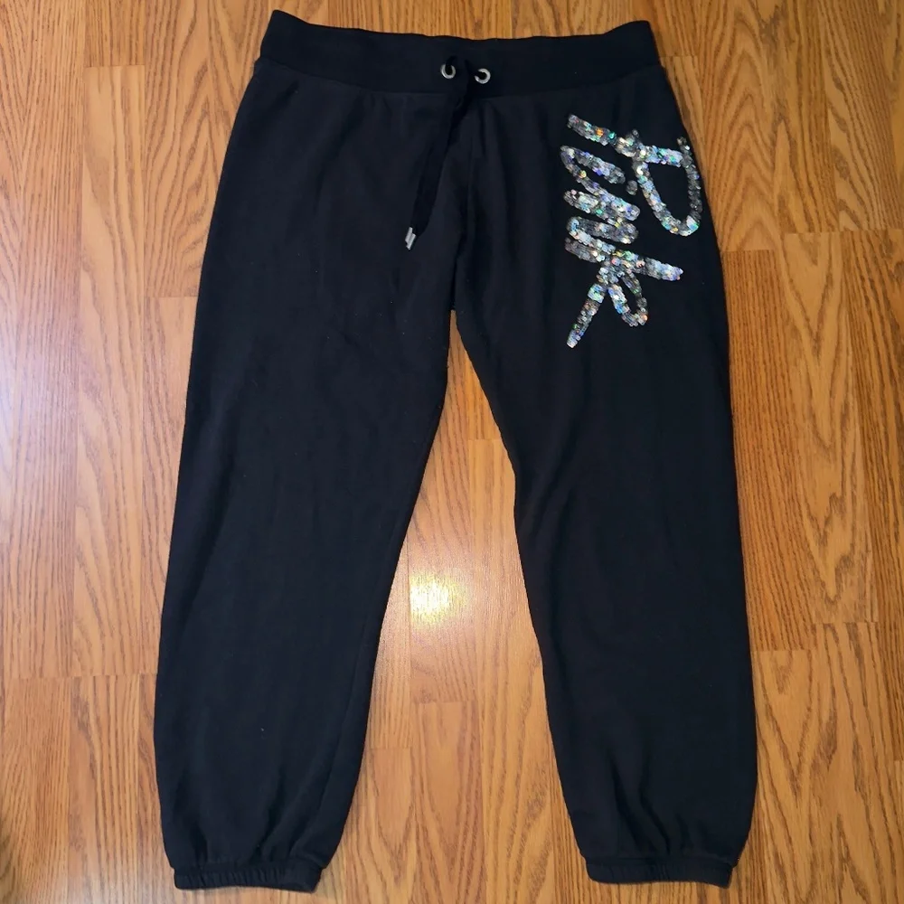PINK Victoria’s Secret Medium Black Joggers Sequin Logo Sweatpants Athleisure - Picture 6 of 10